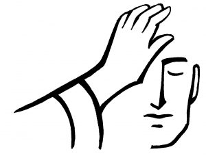Simple line drawing of a hand on another person's forehead