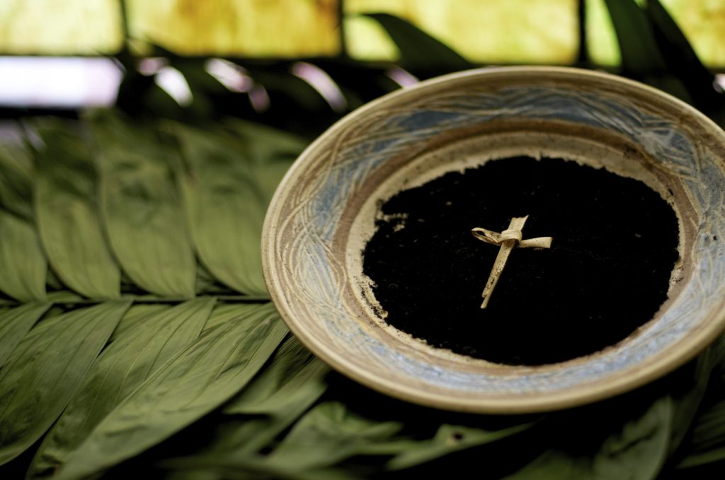 A photograph of a bowl of ashes sitting on palm leaves, surmounted with a palm cross