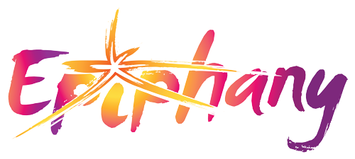 The word 'Epiphany' in a cursive, purple and yellow script with a star