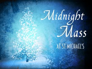 A blue background with a white Christmas tree and the words "Midnight Mass at St Michaels"