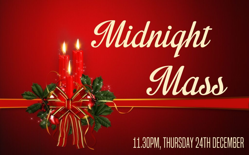 Candles and holly on a red background with the words "Midnight Mass"