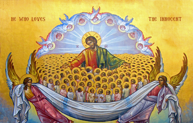 Orthodox icon depicting Christ surrounded by many children, with the text 'He who loves the innocent'