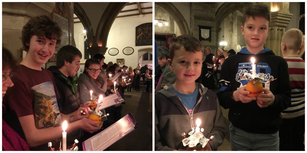 Two images, one of teens holding oranges with candles in them, and the other of two boys at a previous Christingle service.