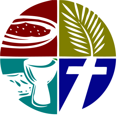 A round clipart image of a palm leaf, a cross, bread and wine and a water bowl.