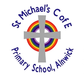 A grey cross on top of a circular rainbow with the text "St Michael's C of E Primary School, Alnwick"