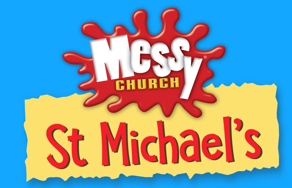 A red splotch with the words "Messy Church" and, underneath, the text "St Michael's)