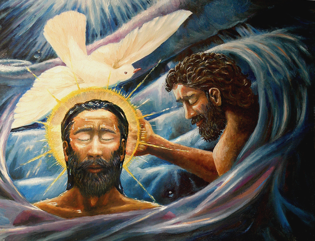 A painting of Jesus being baptised by John in the Jordan with the Holy Spirit appearing as a dove above him